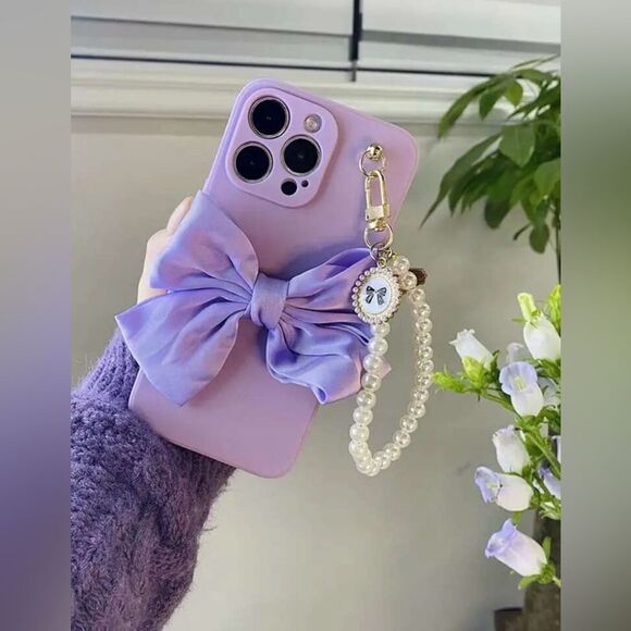 Accessories - Lavender Bow iPhone 16 Pro Max Case with Elegant Pearl Strap